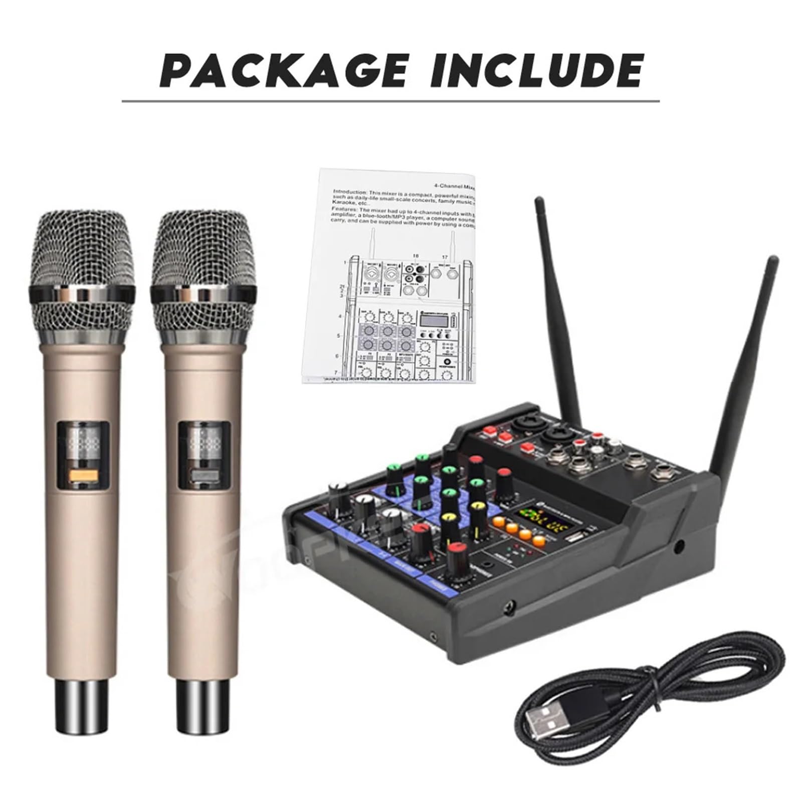 Console mixer audio a 4 canali Woopker con microfono wireless Mixing Ingresso USB Mixer DJ Artisti e Band(Black Set)