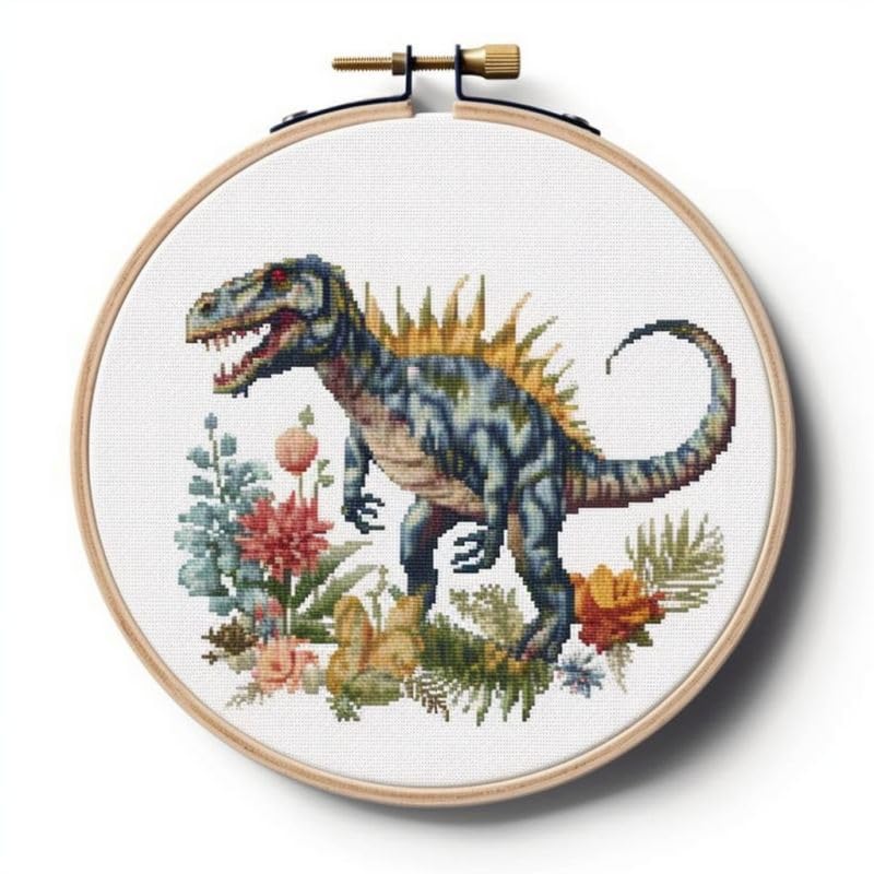 Image of Generic Counted Easy Cross Stitch Kits Dinosaur Color Stamped Embroidery for Starter Kits DIY 11CT Stamped Patterns Embroidery Needlework Kit Supplies 12 Inch Hoop Included(12-X), ZGF-XIUPE 98ADK12