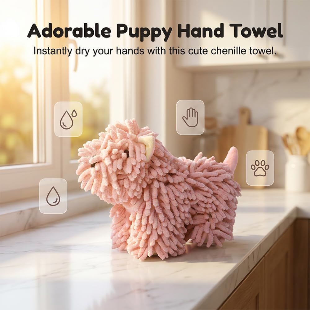 Towel Balls - Soft Absorbent,Puppy Shaped Hand Towel, Chenille Dog Towel Hand Drying Puff,Microfiber Hand Towels for Bathroom (Pink)