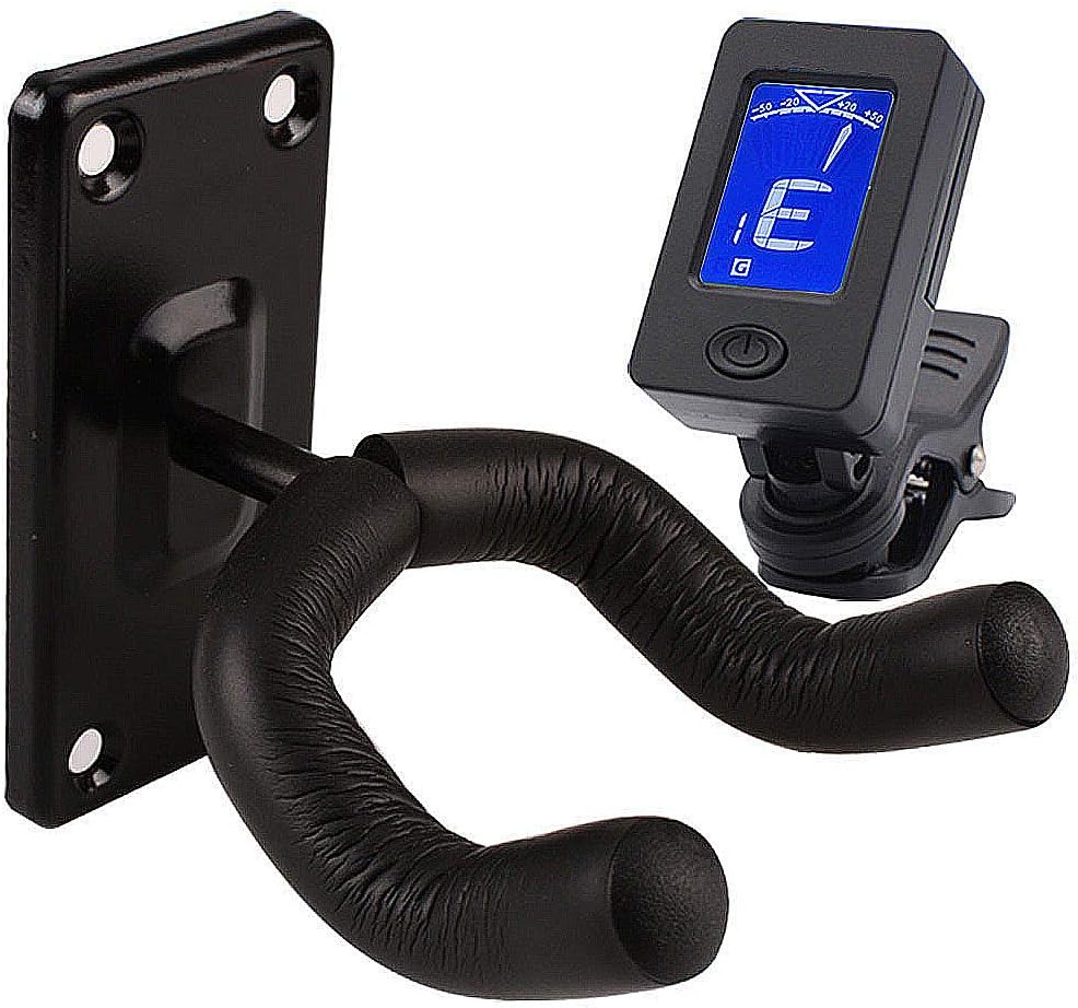 Guitar Wall Hanger Mount Black Guitar Hanger Hook with Guitar Tuner Clip for Acoustic Electric Bass Guitar and More