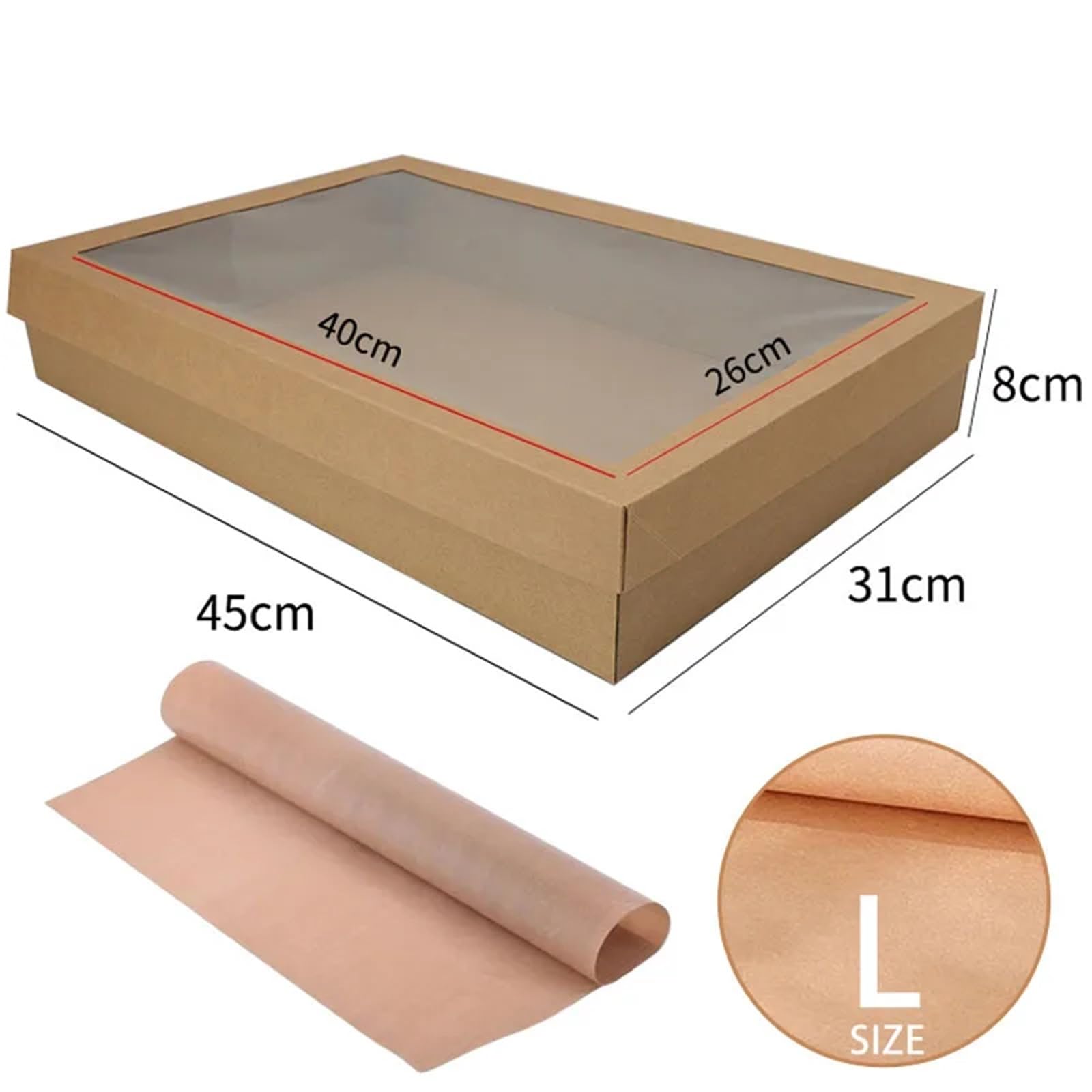 Caja Tarta de Cartón Con Ventana Transparente Cajas de papel Kraft marrón con ventana, caja cartón for comida pícnic al aire libre, Donuts, 2-4 Uds(L 45X31X8cm,2pcs)