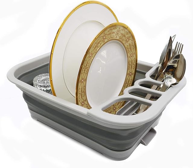 SAMMART Collapsible Dish Drainer with Drainer Board -Foldable Drying Rack Set - Portable Dinnerware Organizer - Space Saving Kitchen Storage Tray (Grey)
