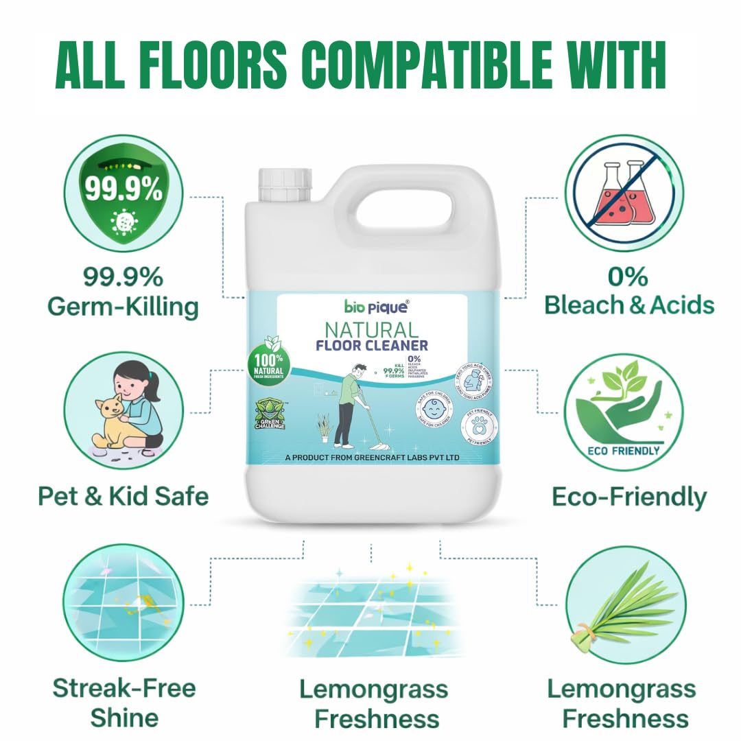 Bio Pique Natural Floor Cleaner Liquid 5L with Lemongrass Freshness, Germ Control Formula, Bleach and Acid Free Surface Cleaner, Eco Friendly Pet and Kid Safe Solution for Daily Floor Care 1