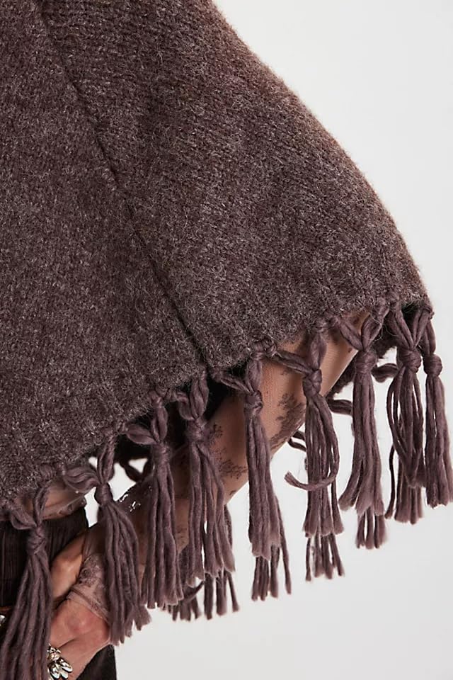 Women Tassel Poncho Sweater Mock Neck Fringed Hem Shawl Y2k Vintage Asymmetrical Pullover Cape Shrug Knitwear - Image 4