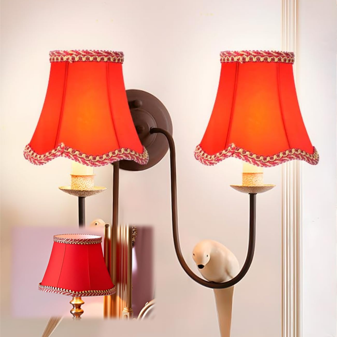 Tissting Red 3Pcs E14 Fabric Lamp Shade, Modern Clip‑On Lampshade Gold Lace Edge For Home Wall Floor Lamps Chandelier Home Decoration