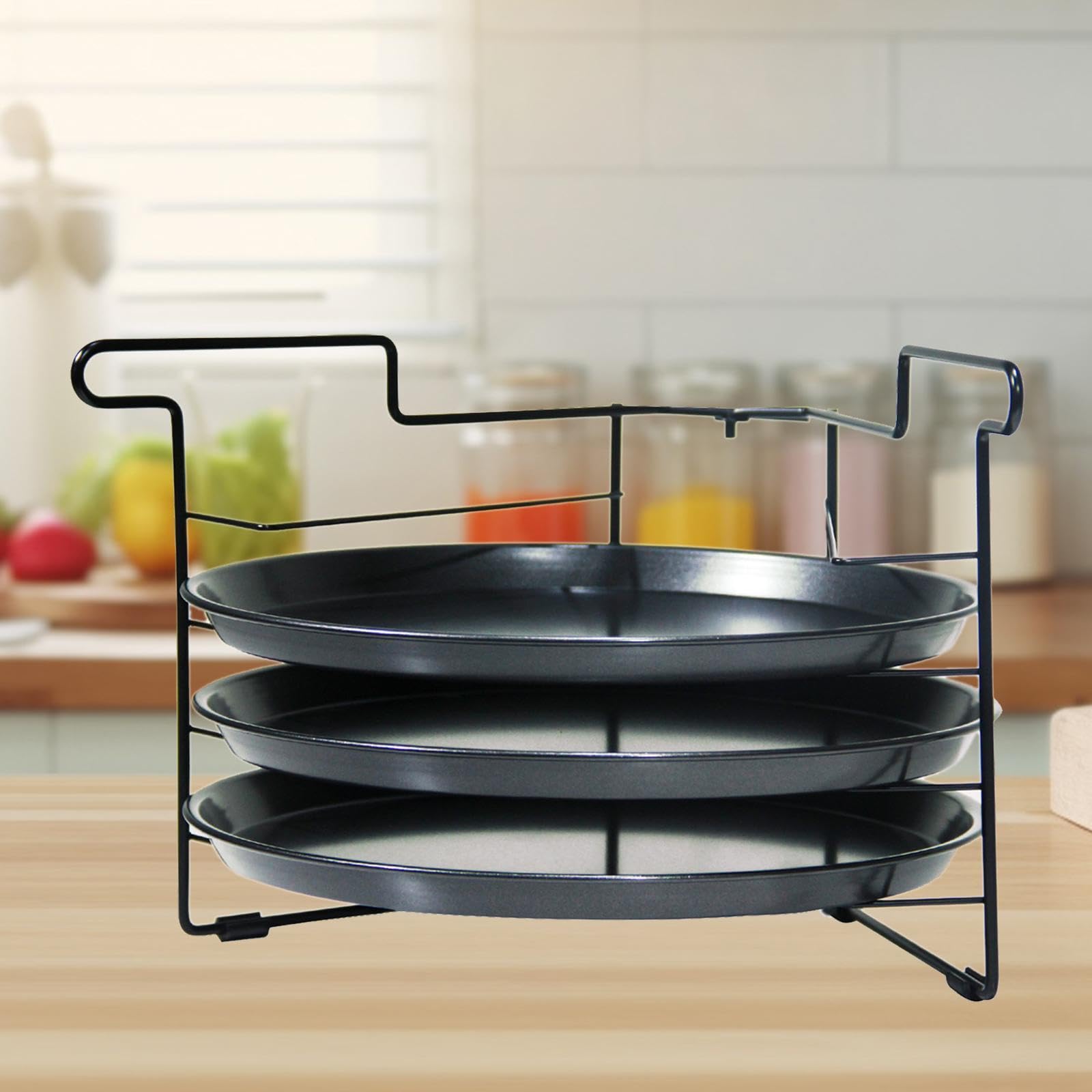 Pizza Rack Présentoir Multifonction pour Pizza avec Plateau de Cuisson Empilable Grille Perforée Stable en Fer Support pour Pains Tartes et Gâteaux Ad, with 3pcs 11 Po Pan