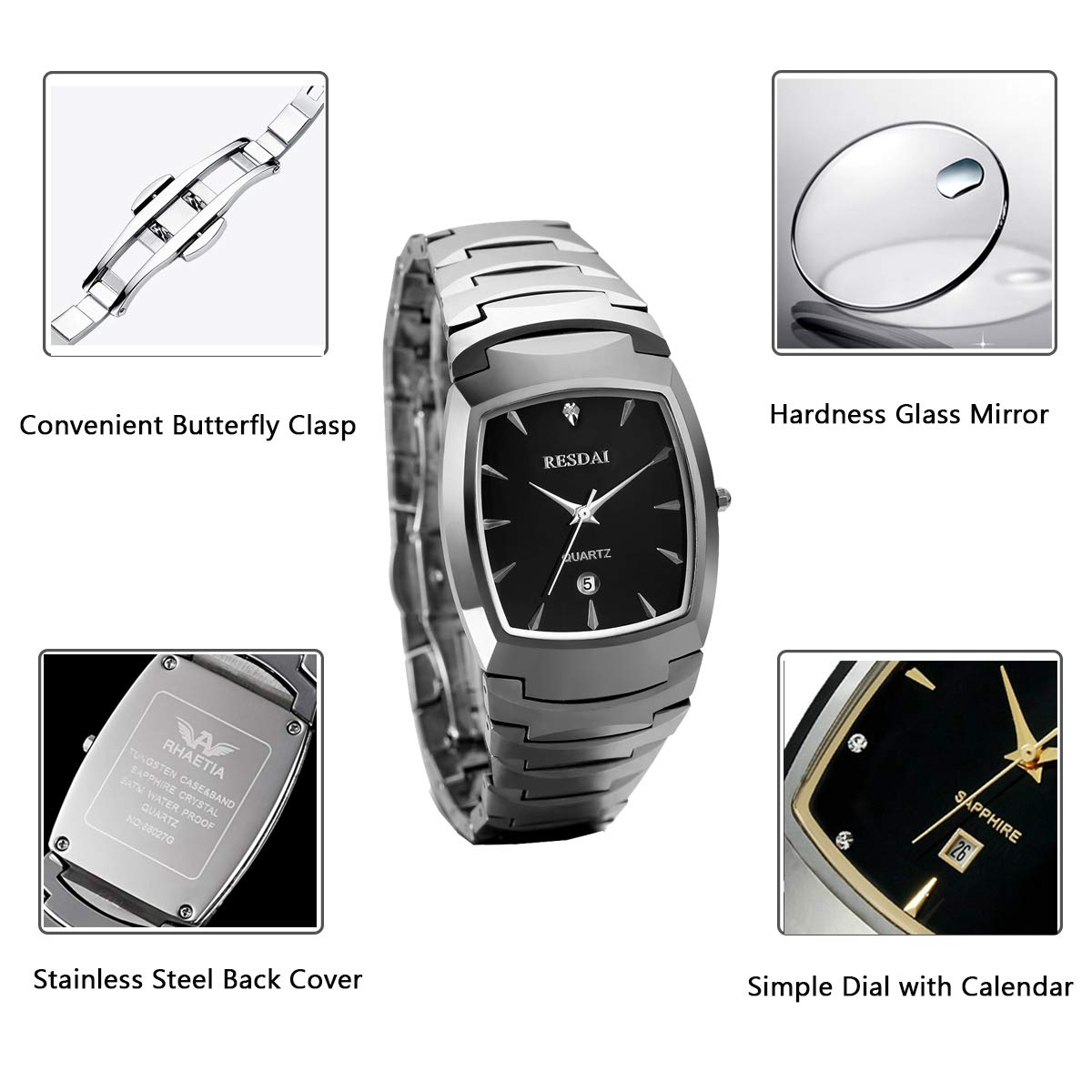 Jewelrywe Reloj cronógrafo de Cuarzo tungsteno Plata Calendario de la Mariposa de la Hebilla (Hombres)