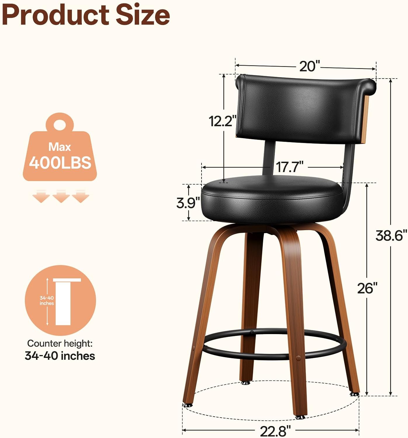 Swivel Counter Height Bar Stools Set of 2, 26" Upholstered Bonded Leather Barstools with Back, Mid Century Modern Bar Chairs with Bent Wood Legs & Supportive Back for Kitchen Counter, Black, 2Pcs