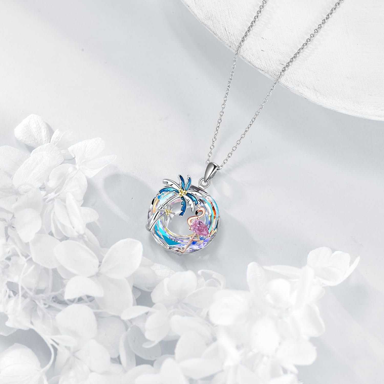 Flamingo Necklace for Women 925 Sterling Silver Flamingo Pendant Palm Trees Necklace Crystal Jewelry Gift - Image 4