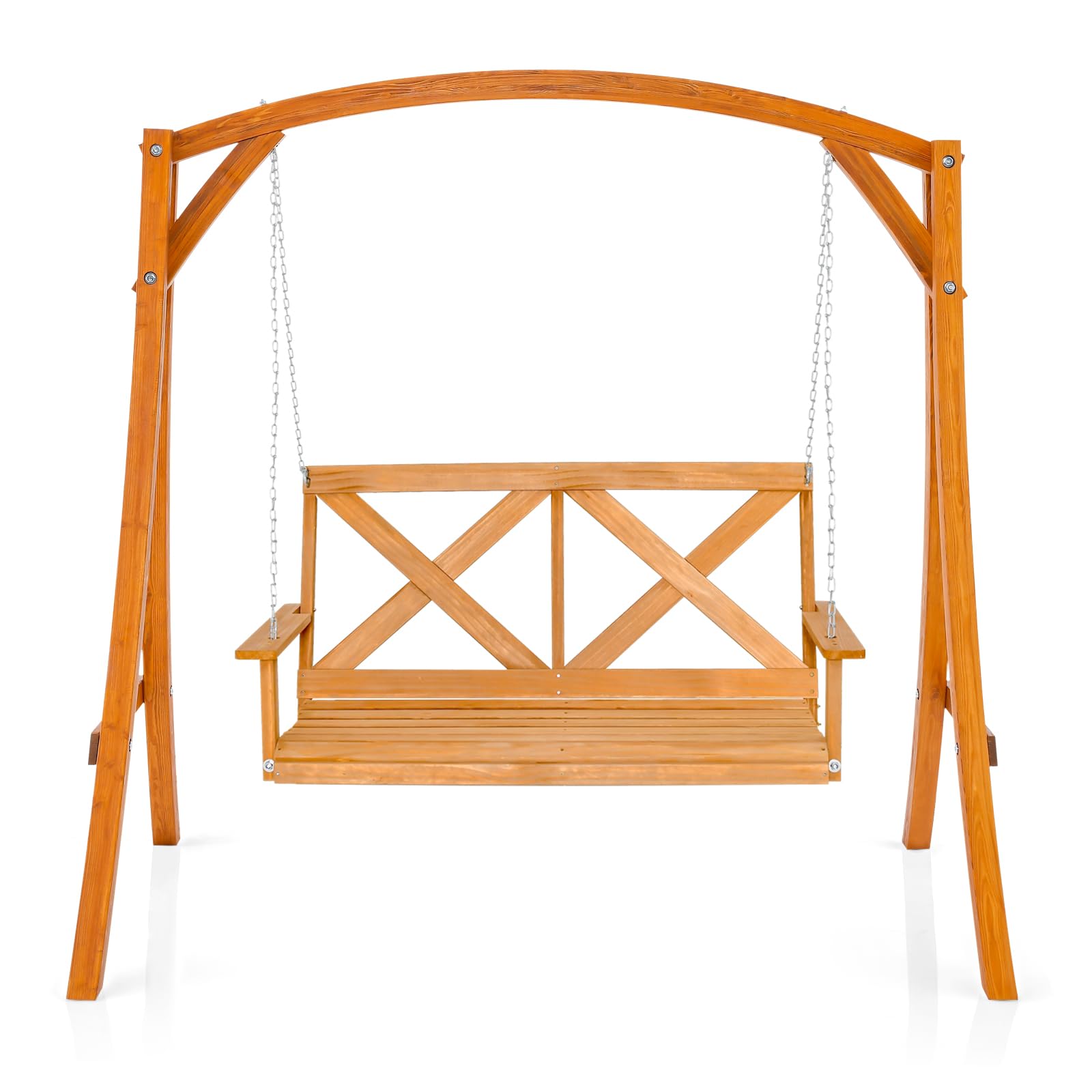 RELAX4LIFE Swing Chair and Stand, Outdoor 2-Seater Swing Bench with A-Shaped Frame, Adjustable Chains, All-Weather Solid Wood Hanging Chair Set for Backyard Garden Poolside (Swing Chair + Stand)