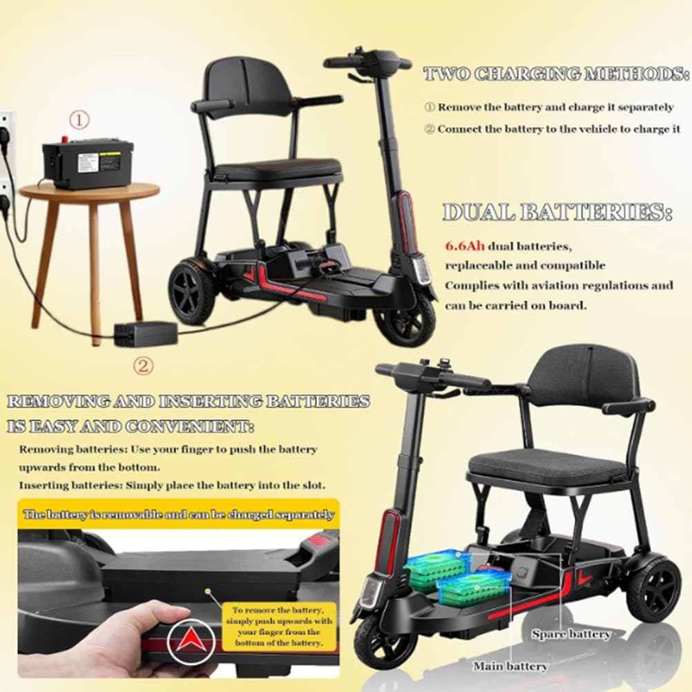 BCBKD Ligero (30 Libras) Scooter De Movilidad para Adultos Y Personas Mayores, Radio De Giro De 33 Pulgadas, Scooter De Movilidad Plegable De 3 Ruedas con Batería De Litio Doble