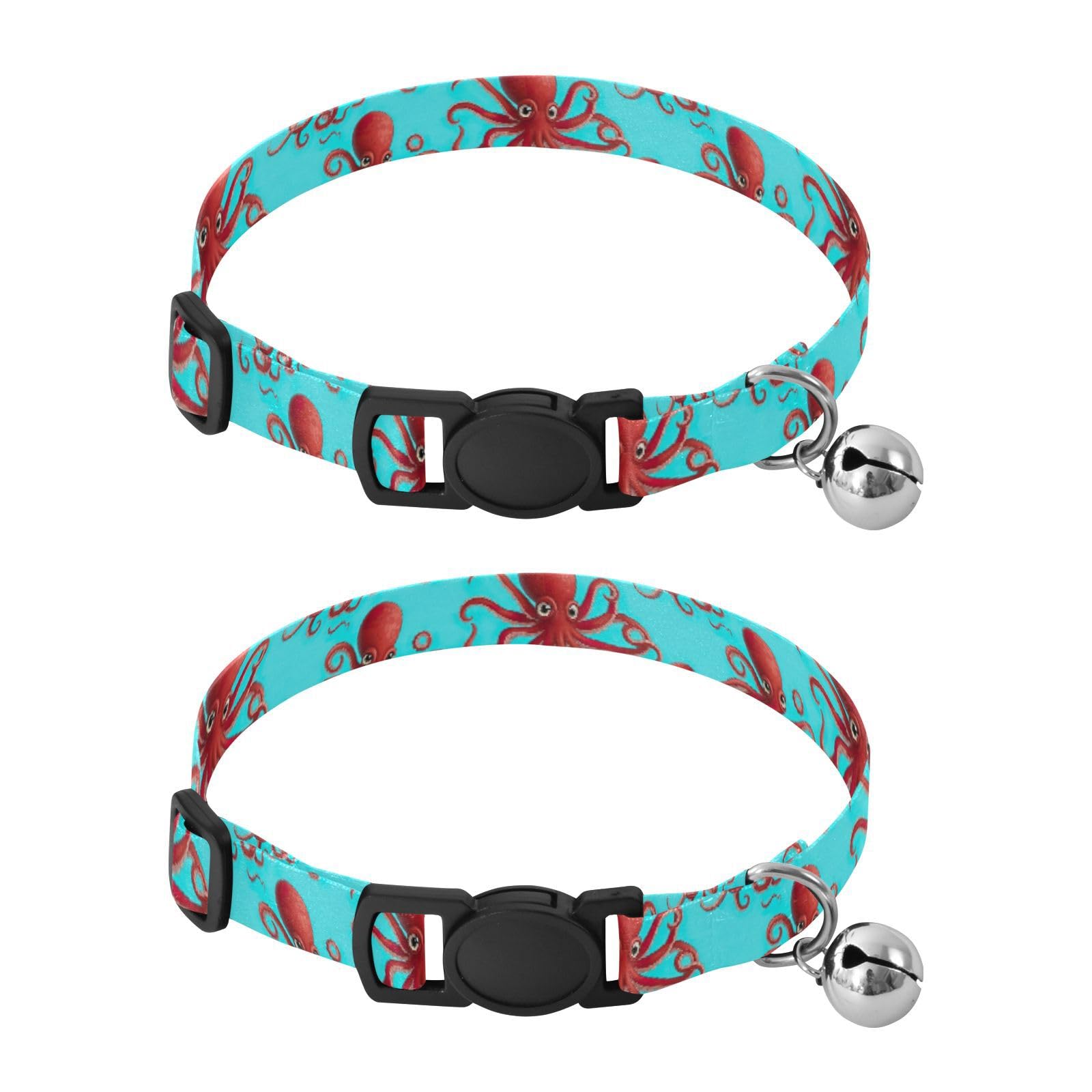 2 Pack Pet Collars Red Octopuses Aqua Decorative Pet Collar with Bell, Adjustable Length 10.6" to 17.1"