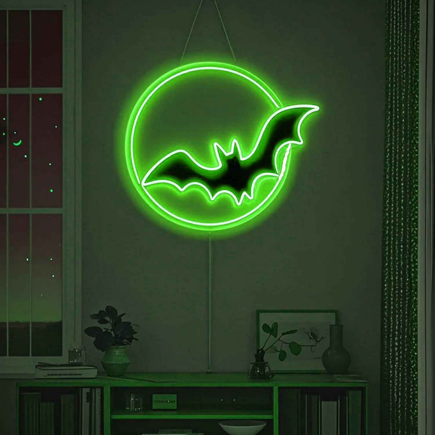 HFHungkeong Bat and Moon Neon Light Signs LED Halloween Decorations 5V USB Powered Dimmable Acrylic Halloween Light up Signs Wall Art Lamp for Bedroom Bar Office Dorm(Green)