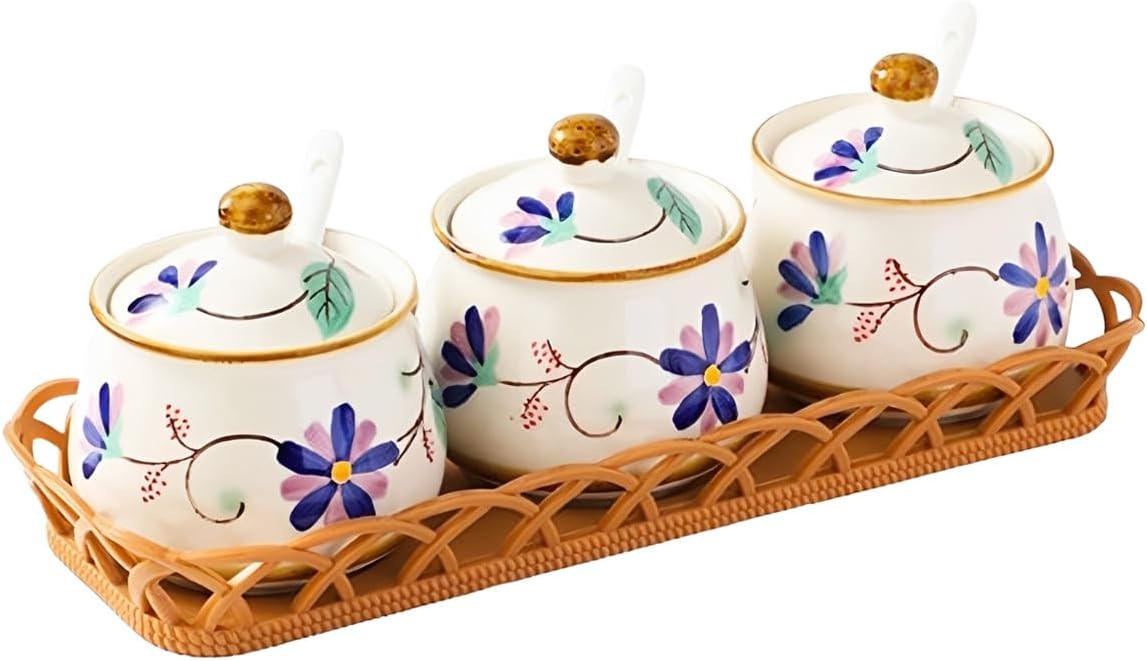 Set of 3 Ceramic Condiment Jars with Lid, Spoon and Tray, 11 Oz Sugar Bowl Seasoning Jar Spice Containers Set for Kitchen Counter Coffee Bar, Dishwasher Safe (Purple)