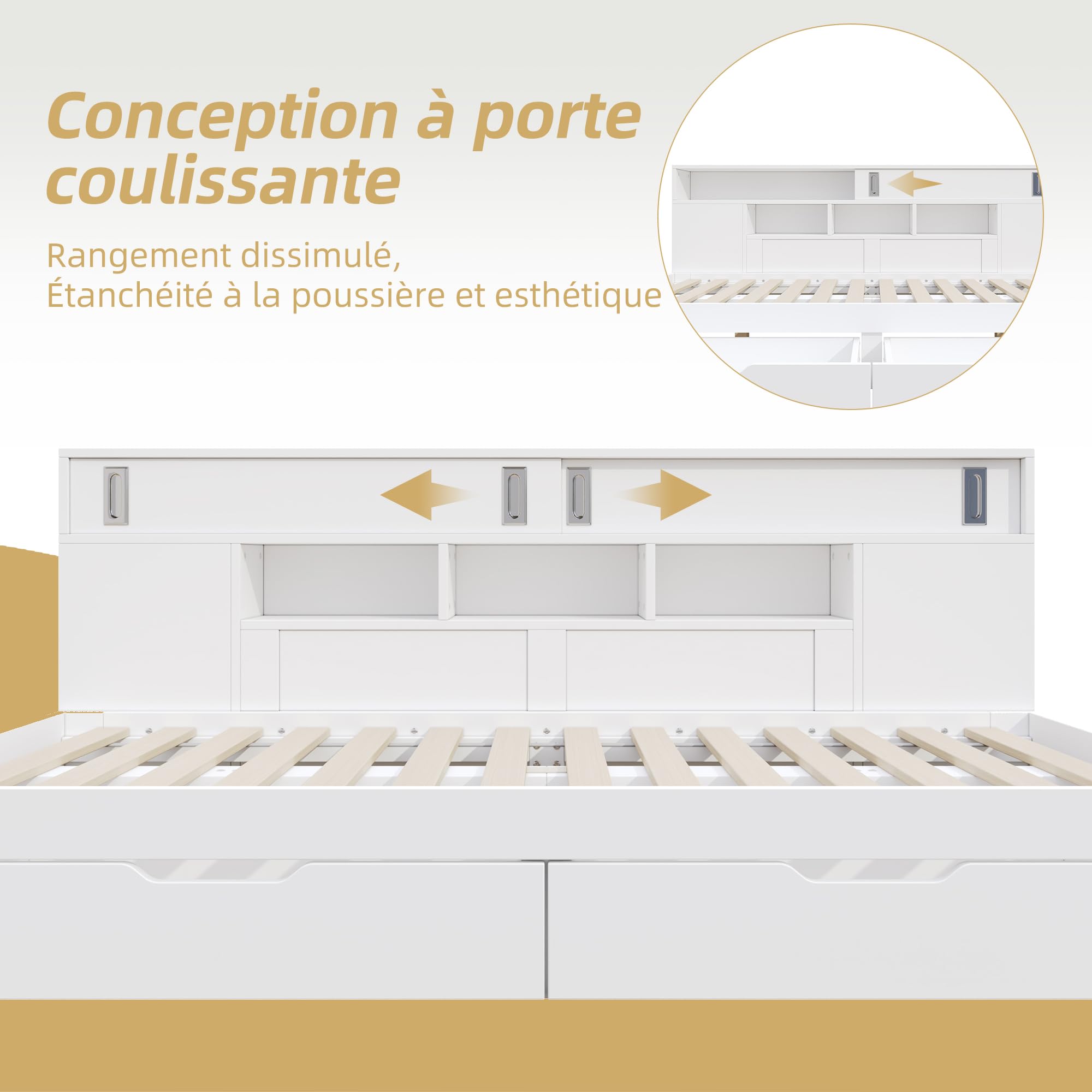 Zepneiy - Cama de 140 x 190 con cajones y estante, cama doble 140 x 190 con armario de almacenamiento, caja fuerte con espacio de almacenamiento, marco blanco (sin colchón)