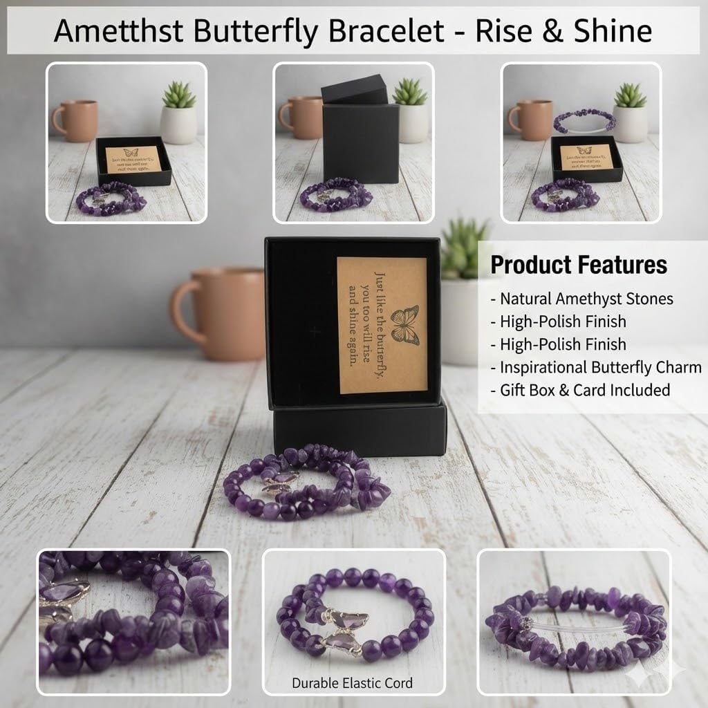 Purple Butterfly Bracelet Set for Women, 2PCS Beaded Crystal Bracelets with Gift Box & Inspirational Quote Card, Spiritual Jewelry for Sleep, Meditation & Yoga - Image 2