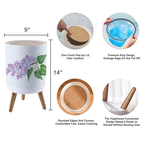 Miniatura 2 de Bote de basura redondo con tapa de prensa rama de acuarela lila dibujado a mano botánico morado lila flores pequeño cubo de basura a prueba de