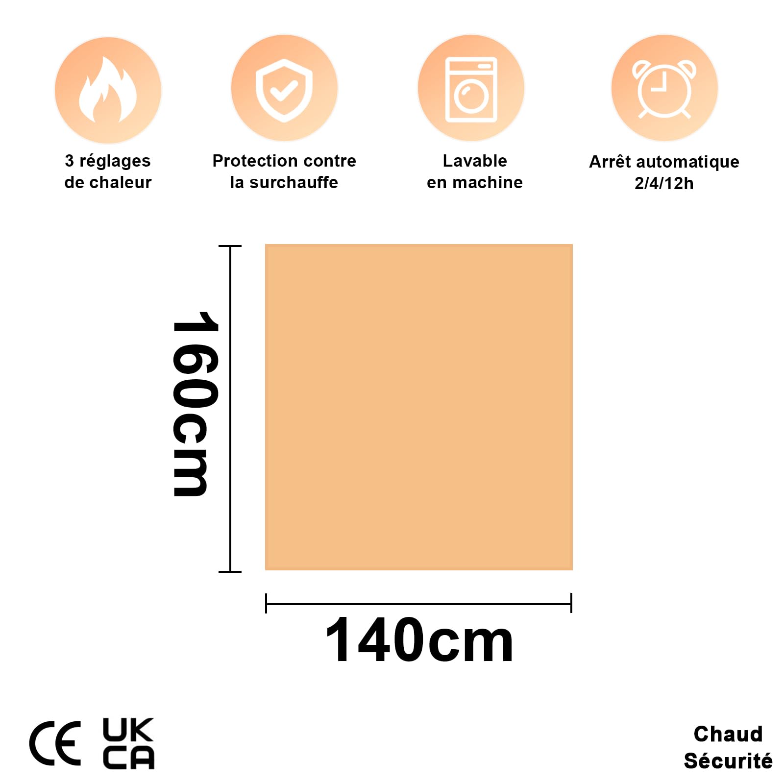 TOPS Couverture électrique Double Sous-couverture chauffante 160 x 140cm, 3 niveaux de chaleur avec minuterie Protection contre la surchauffe Polyester chaud lavable