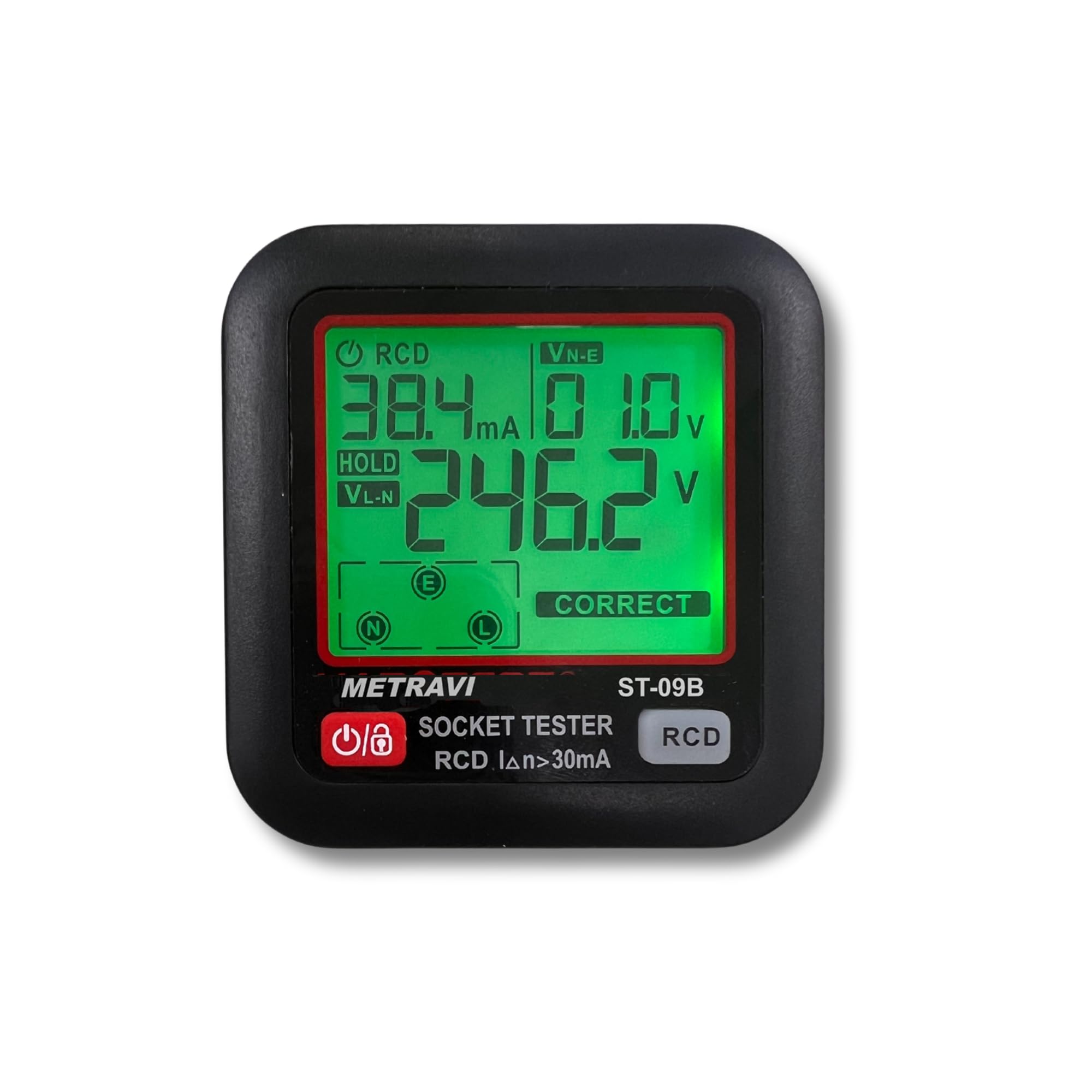 Metravi ST-09B Socket Polarity and Earth Leakage Tester with large display and colour backlit alarms