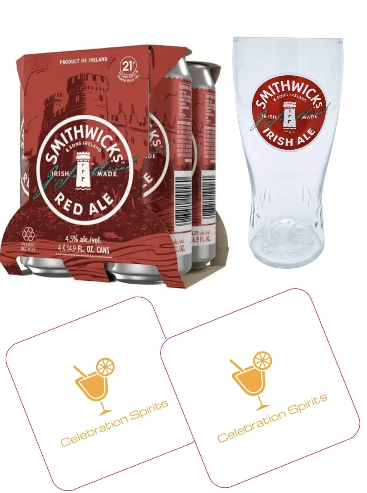 Smithwicks Red Ale Gift Set Bundle | 4 x 440mls Cans | 1x Official Branded Pint Glass | 2x Celebration Spirits Beer Mats