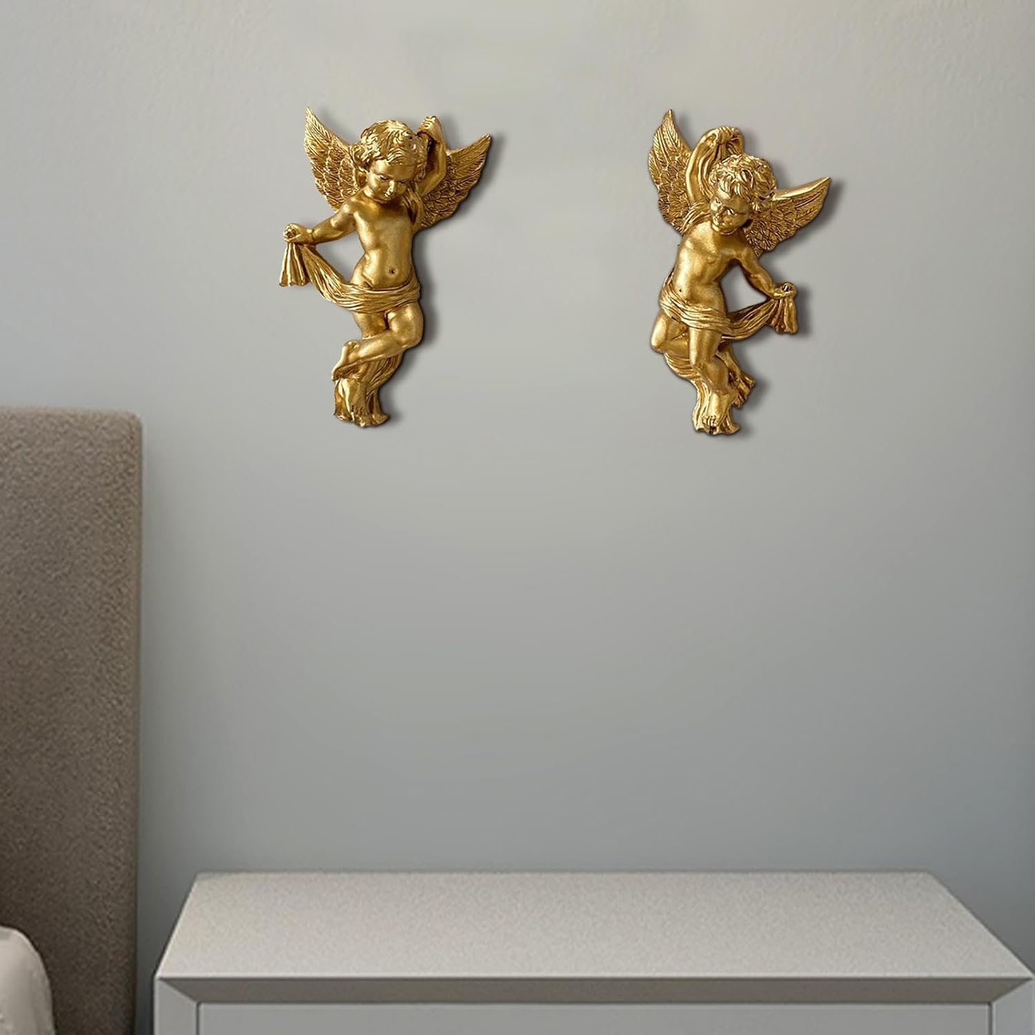 Set of 2 Resin Angel Cherub Wall Sculptures Angelic Figure Lovely 5.7inch Tall Wall Decoration for Living Room Lightweight