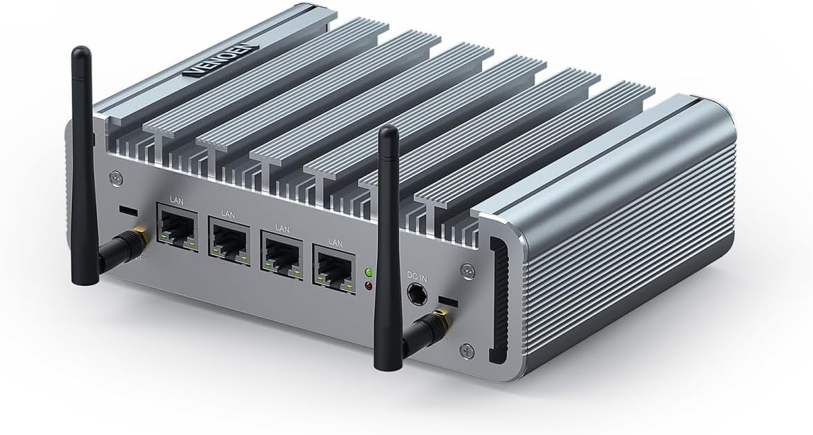 VENOEN Firewall Mini PC Firewall Appliance 2.5gbe, 8GB RAM 128GB SSD Fanless Mini PC Firewall Hardware, 4 LAN Mini PC Fanless Firewall Celeron J4125, AES-NI, HD, USB 3.0, SIM Slot, RTC