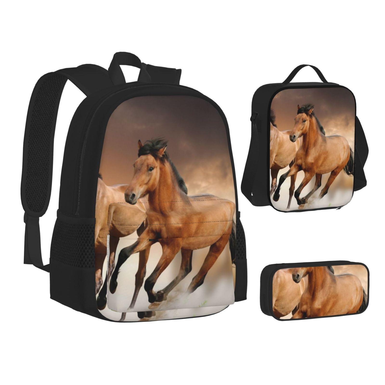 YSOLDA Juego de mochila, mochila escolar, mochila, juego de 3 piezas con bolsa de almuerzo, estuche para lápices,Impresión de caballo corriendo