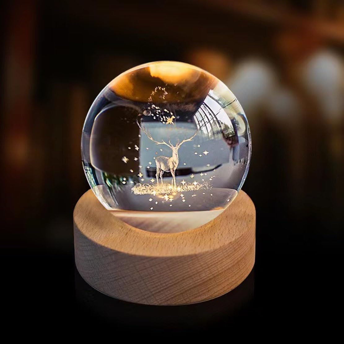 3D Laser Engraved Crystal Ball Decor, Multiple Designs,USB-Powered with Warm Yellow Lighting, Home Room Decor Led Night Lamp, for Gifts & Home (Deer)