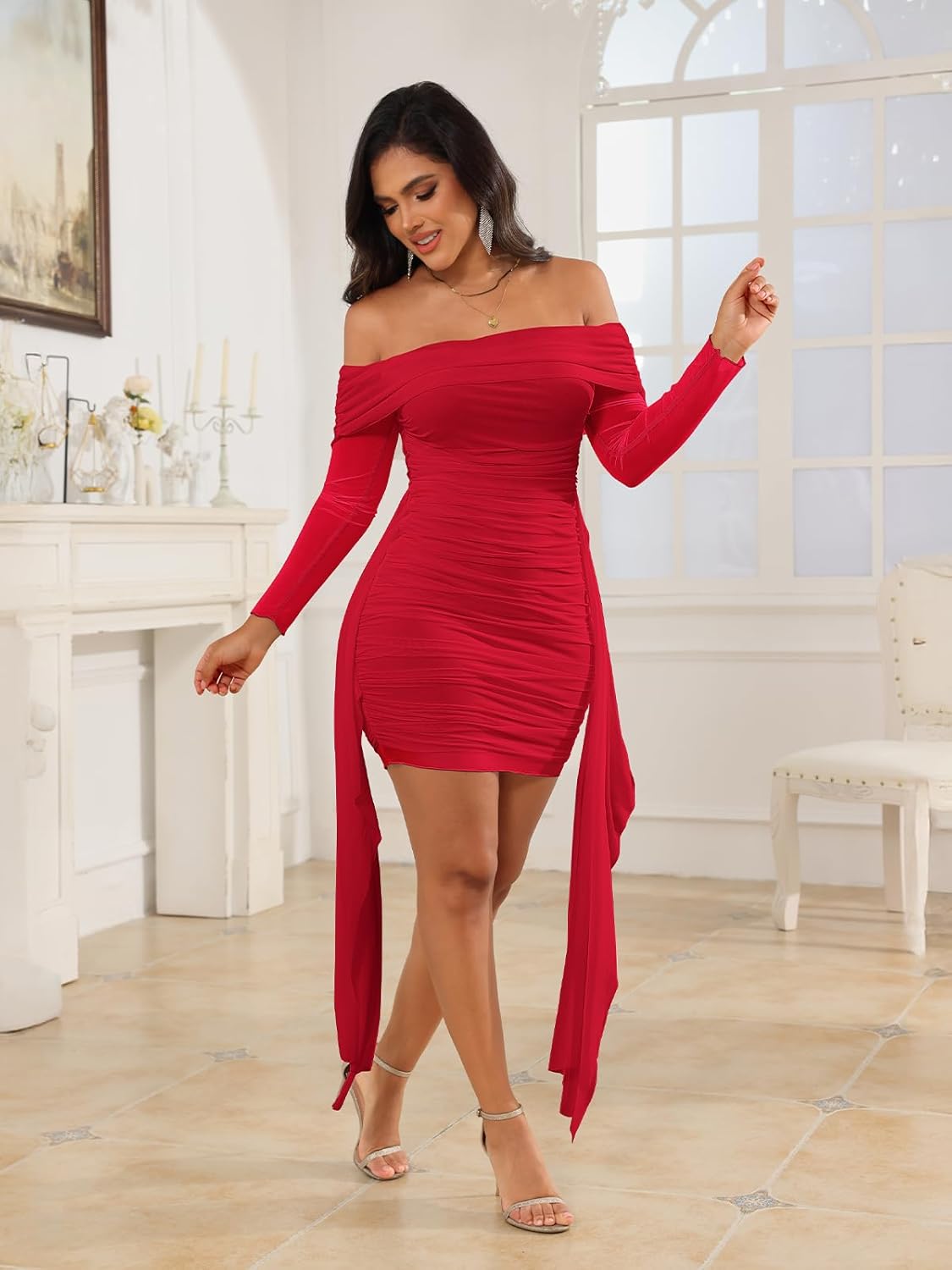 Ophestin Off The Shoulder Mesh Dress Long Sleeve Ruched Bodycon Dress for Women Tie Waist Dresses - Image 6