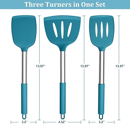 Miniatura 2 de P&P CHEF Utensilios de cocina de silicona, juego de 3 utensilios de cocina a prueba de calor para voltear, espátula antiadherente ranurada y sólida,