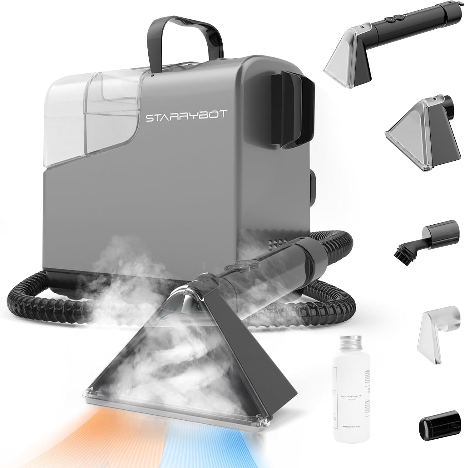 Portable Carpet Cleaner Machine with Steam and Heating Techology,15Kpa Powerful Suction with Versatile Tools for Pets, Couch, Car,Self-Cleaning, Compact Spot Cleaner for Stairs/Furniture/Rug 3" Hand Tool,5"Hand Tool Gray