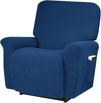 CONRUSER Stretch Recliner Cover, 4-Piece Waterproof Sofa Cover Single Seat Couch Cover Soft Jacquard Recliner Chair Slipcover with Pocket Blue