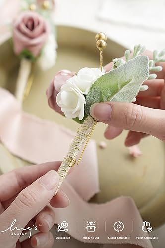Miniatura 3 de Ling's Moment Boutonniere de rosas polvorientas para hombres de boda con alfileres, juego de 2, novios y padrinos de boda Boutonniere para ceremonia