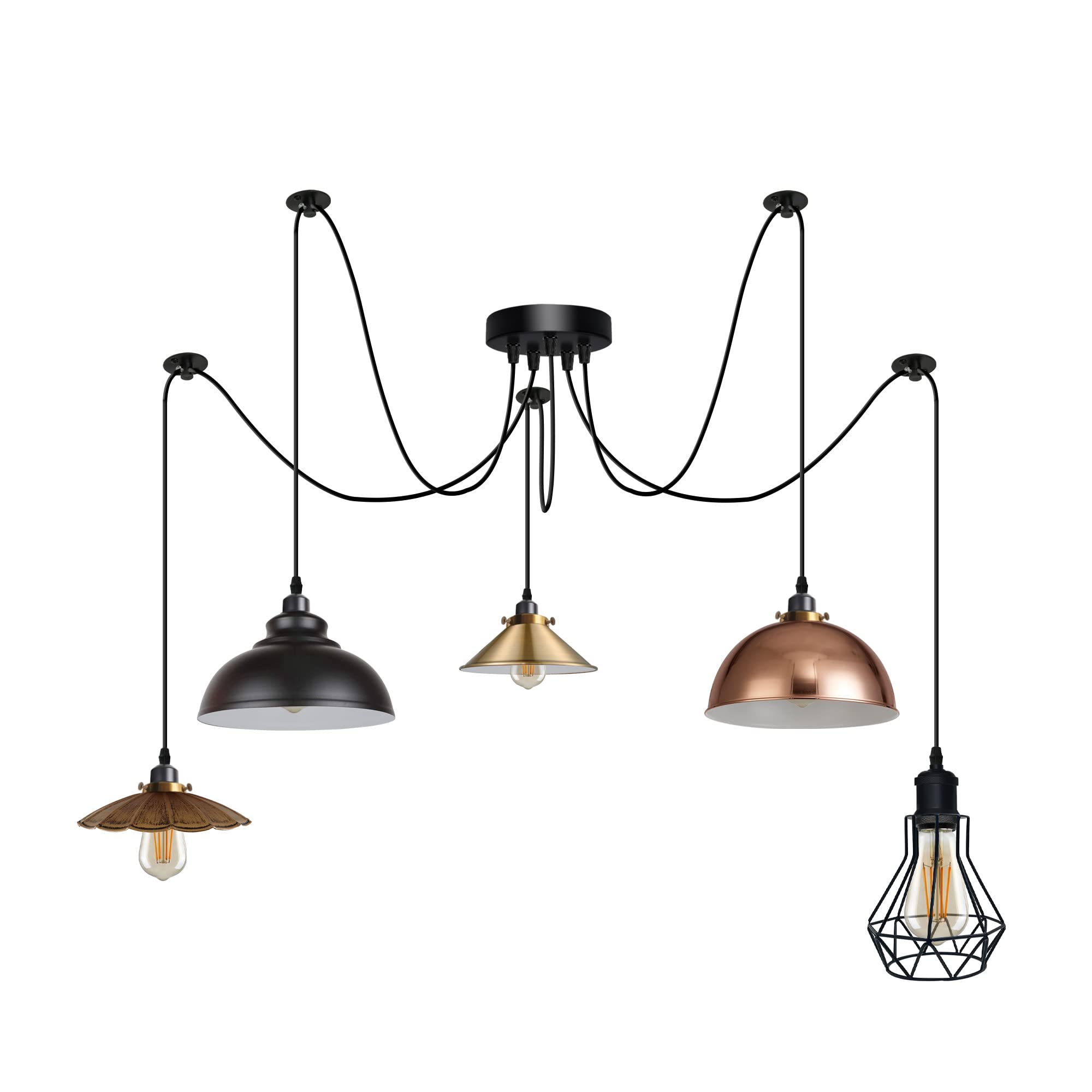 DC VOLTAGE 5 Way Spider Pendant Light Industrial Metal Lampshade E27 Lamp Holder with 195cm Height Adjustable Ceiling Hanging Lighting Fixture for Restaurant Cafe Bar