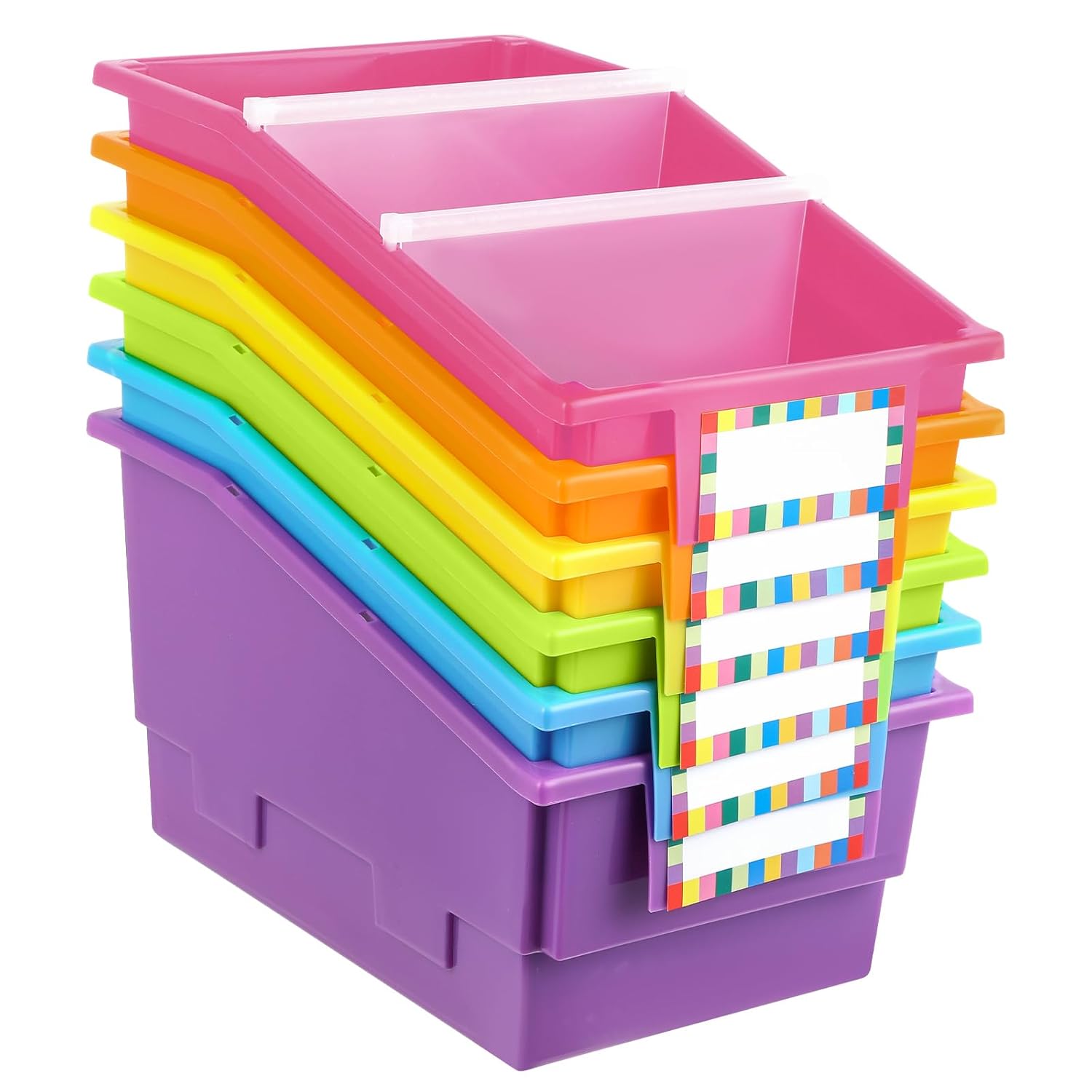 6 Pack Picture Book Bins with Dividers Plastic Book Holders with Labels Stackable Classroom Organization Bins Magazine File Binder Holder Storage Container for Library Home Office(Fluorescent Color)
