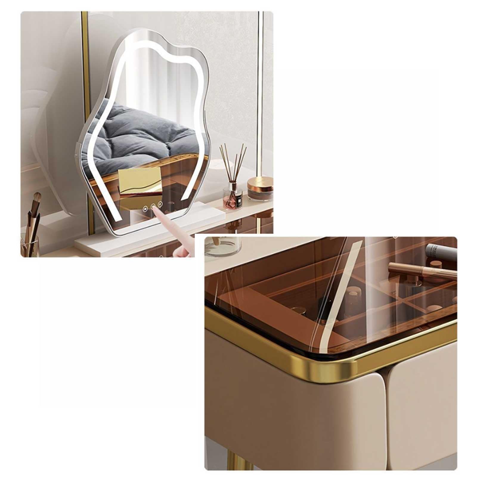 Glam Make-up-Set mit Spiegel und Stuhl, stilvoller Champagner mit Metallbeinen für Schönheits- und Make-up-Liebhaber für Mütter