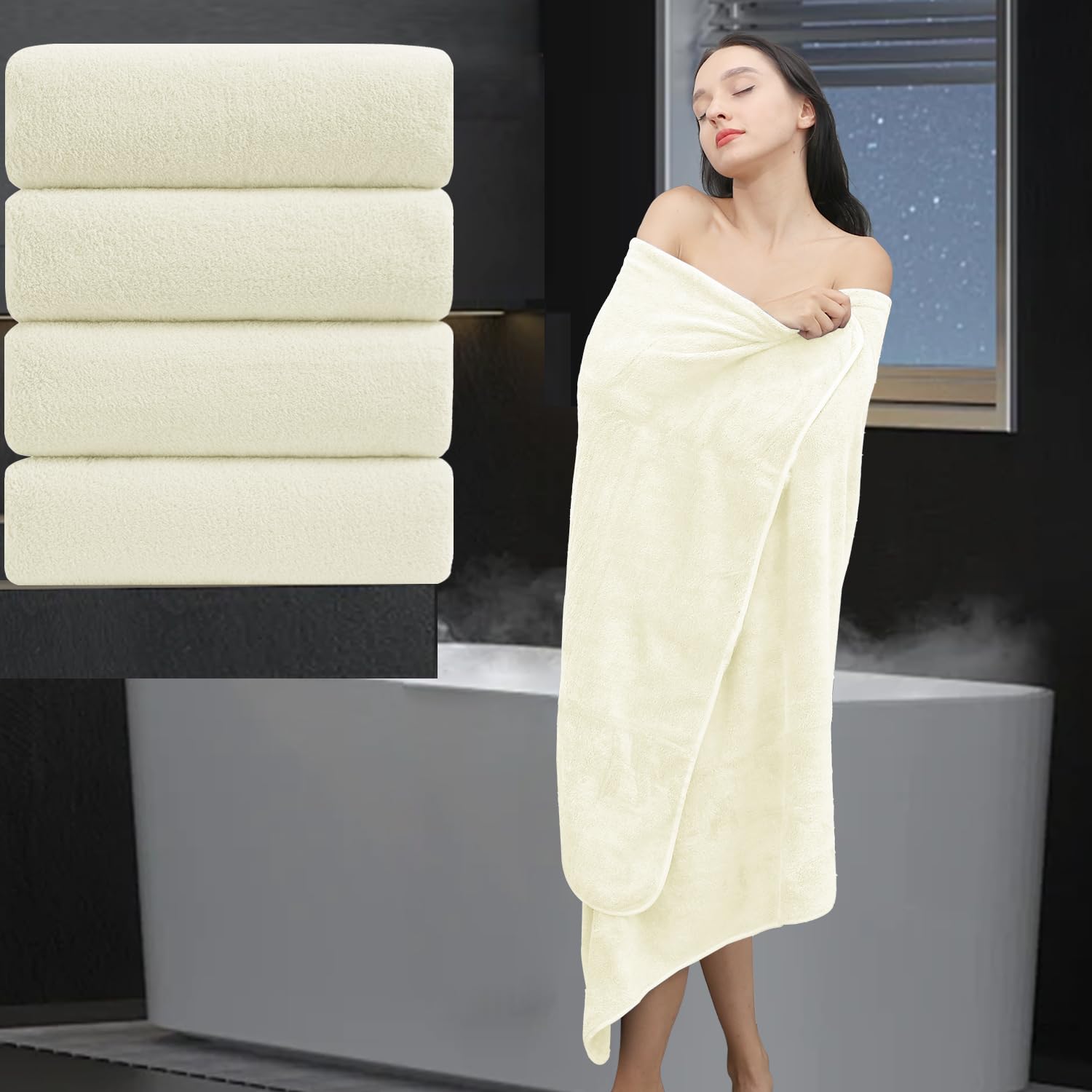 Extra Large Bath Sheet 4 Piece (35"x70")-Ultra Soft Oversized Bath Towel,Bath Sheet Towel Set for Bathroom Hotel,Plush Highly Absorbent Quick Dry Shower Towel Set for Adults,Bathroom Towel-Cream