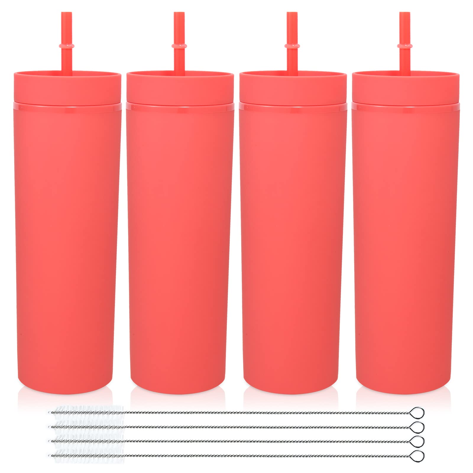 Volhoply 20oz Plastic Skinny Tumblers Bulk 4 Pack, Dubbelwandige Tumbler met Deksel en Rietje, BPA-vrij Matte Acryl Waterbekers voor Feesten (Helder, 4 Set
