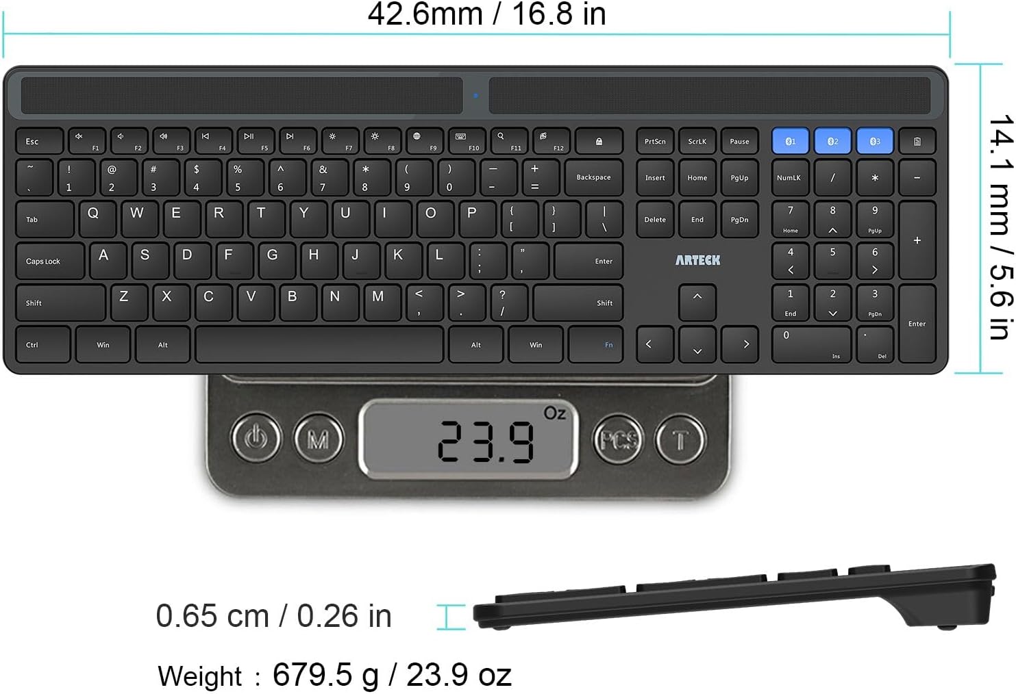 Arteck Solar Bluetooth Keyboard, Universal Multi-Device Full Size Wireless Keyboard for Windows iOS Android Computer Desktop PC Laptop Surface Tablet Smartphone Rechargeable Battery
