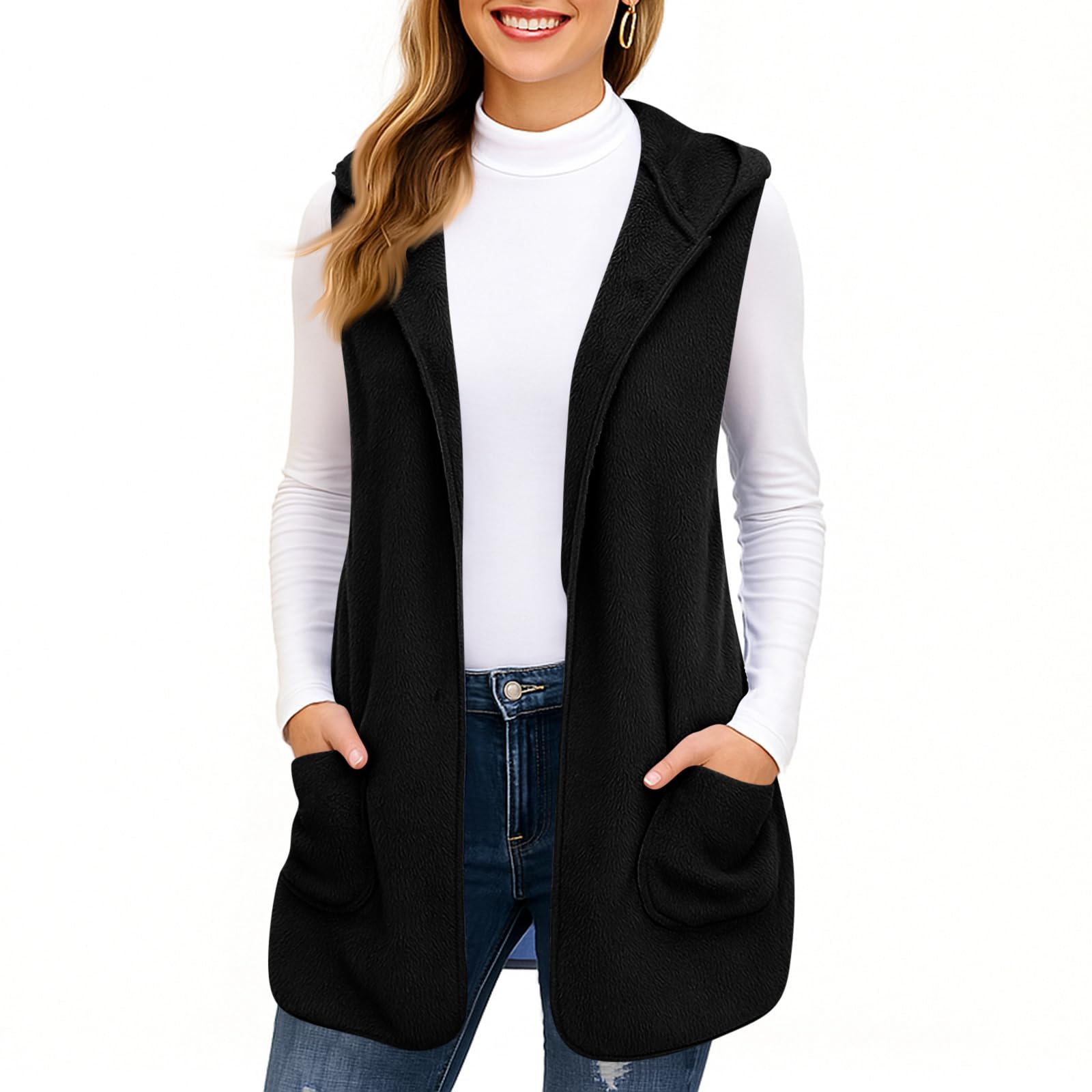 Womens Sweater Vest Fleece Sleeveless Open Front Jacket Loose Fuzzy Sherpa Vest With Hood Fall Casual Coat With