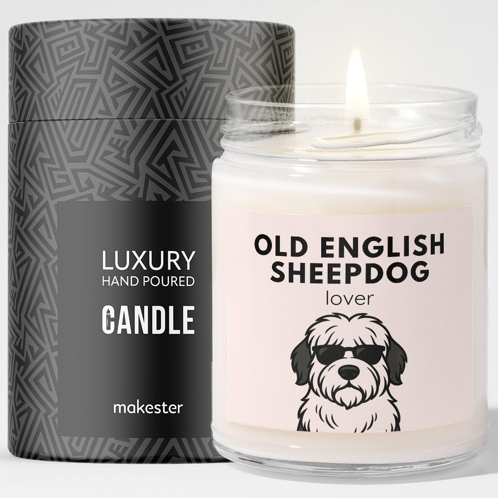 Old English Sheepdog Gifts - Luxury Soy Wax Candle - Vanilla, Jasmine, Sugared Almond - Dogs in Shades - Makester