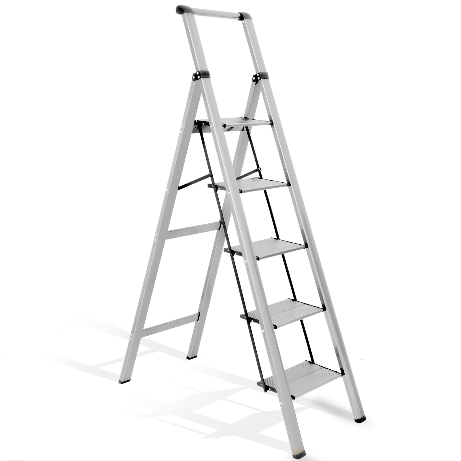 Photo 1 of 5 Step Ladder, Aluminum Folding Step Stool with Convenient Handgrip, Lightweight Step Ladder with Anti-Slip Sturdy Pedal for Home, Kitchen and Office, Silver, 330 Lbs Capacity Silver 5 Step