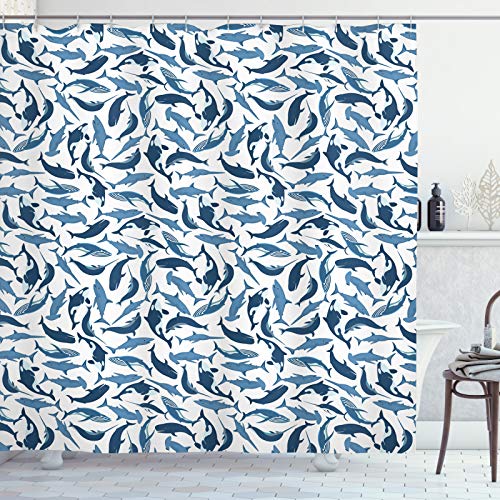 ABAKUHAUS Wale Duschvorhang, Haie Narwhal Säugetier Fisch, Stoffliches Gewebe Badezimmerdekorationsset mit Haken, 175 x 180 cm, Weiß & Nachtblau