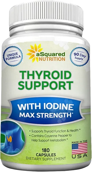 aSquared Nutrition Premium Thyroid Support Supplement with Iodine (180 Capsules) - Best Herbal & Vitamin Complex Pills w/ B12, Ashwagandha, Bladderwrack & Kelp - Helper for Healthy Hormone & Energy