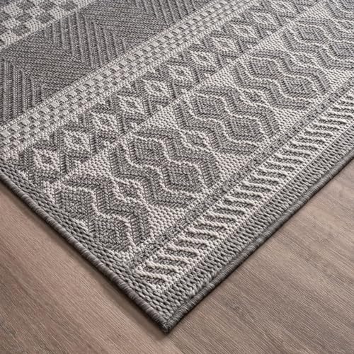 TT Home In-& Outdoor Teppich Wetterfest Balkon Küche Wohnzimmer Boho Rauten Design, Farbe: Grau Weiß, Größe:160x220 cm