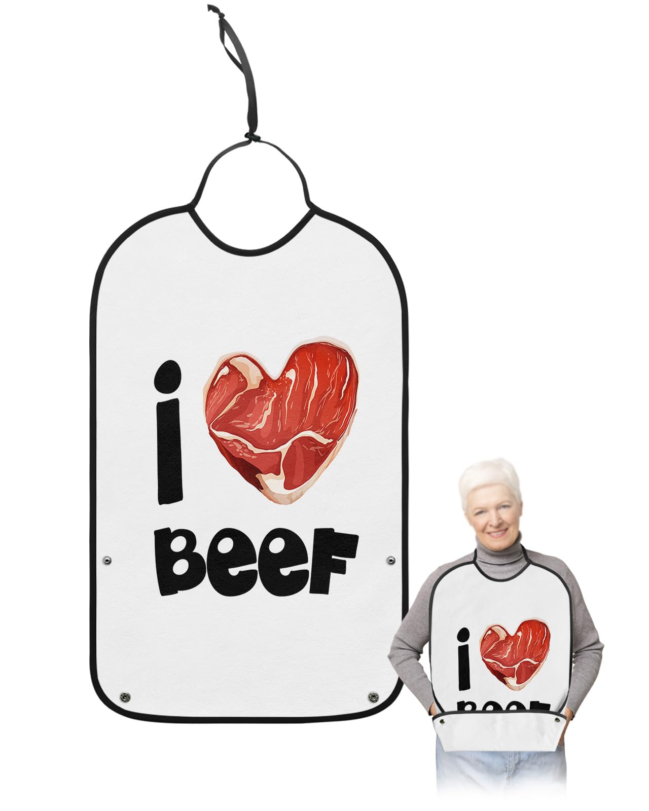Valentines Love Heart Adult Bibs for Eating, Waterproof Bibs with Food Catcher & Adjustable Snap Closure, I Love Beer White Backdrop Washable Clothing Protectors Adult Bibs for Elderly Women/Men