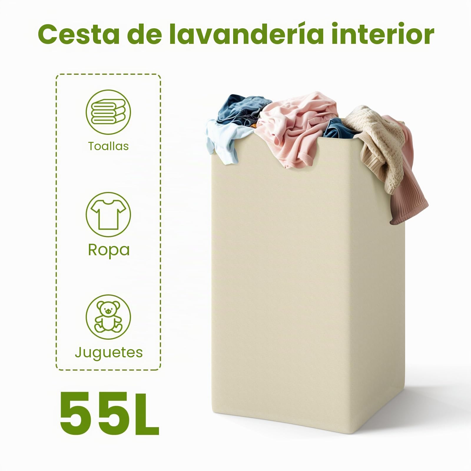 HOMASIS Cubo para la colada de 35 l/28 l, cesto para la colada con tapa de madera, cesta para la ropa sucia, ahorra espacio para la colada, 30 x 30 x 61 cm, blanco (modelo 2, con bolsillo)