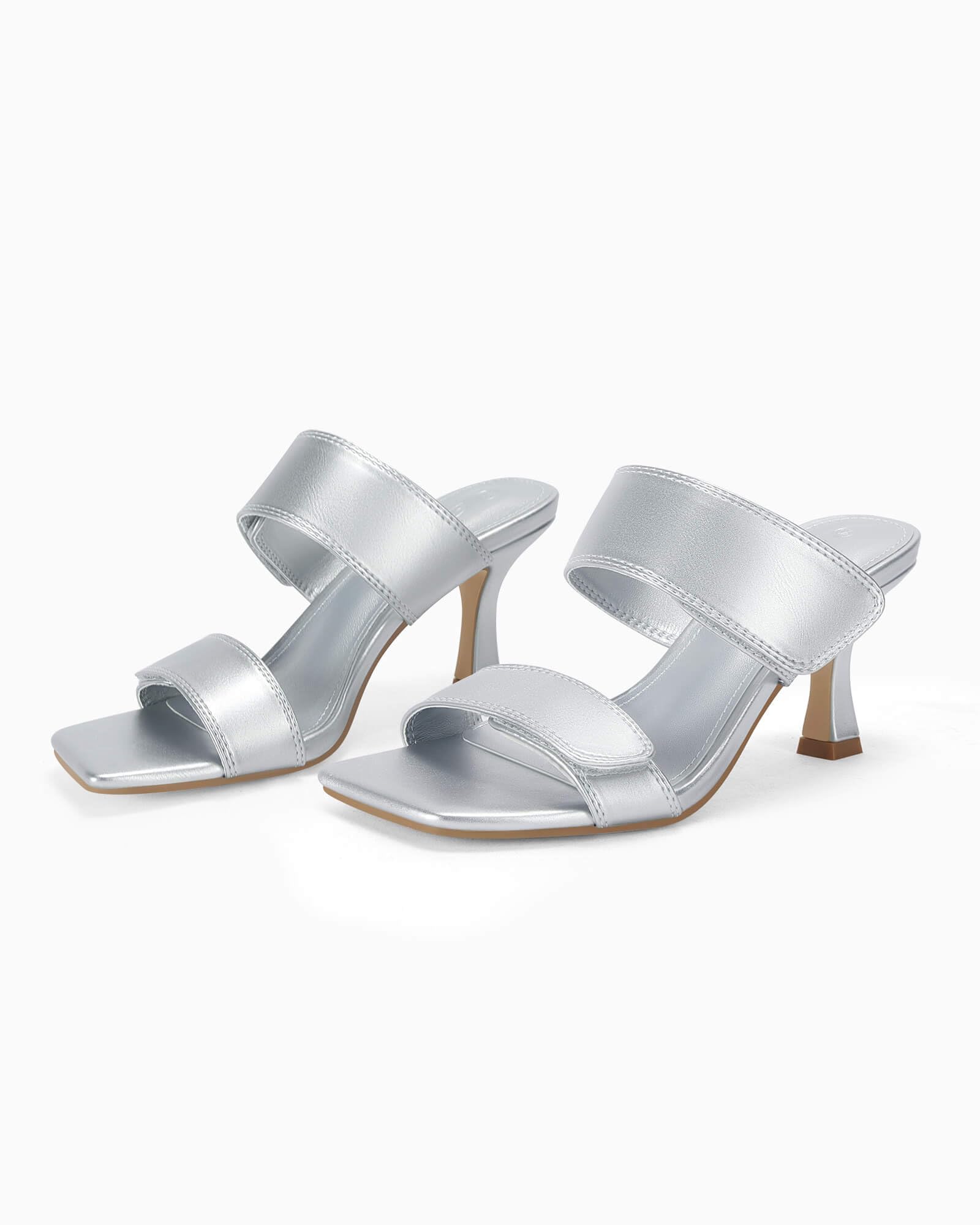 Ermonn Womens Two Strap Heeled Sandals Slip On Square Open Toe Stiletto Faux Leather Backless Mule Heels Slippers