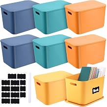 Tanlade 8 Pcs Plastic Storage Bins Stackable Baskets with Lid and Handle Colorful Desktop Storage Box Cubby Containers for Shelf Bedroom Office, Include 1 Erasable Marker, 16 Stickers 14 x 10 x 9 In
