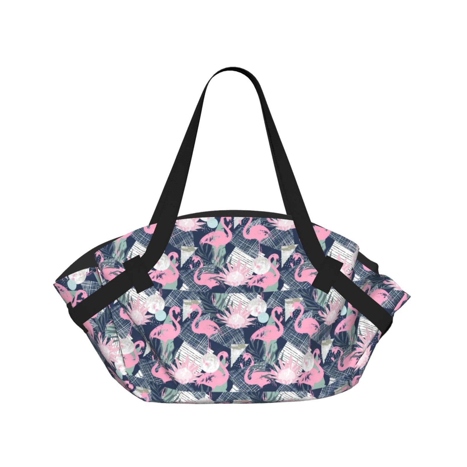WYCZHY Pink Flamingo and Leaves Printed Foldable Round Picnic Blanket Converts to Carry Bag, 37in Mat for Camping Date Night